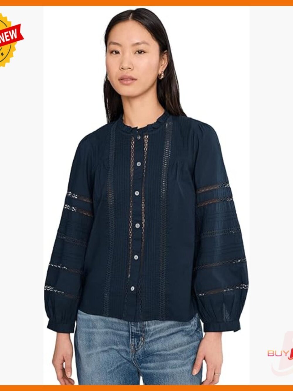 High-Neck Lace-Insert Pintuck Top, Regular Fit, 100% Cotton Blouse